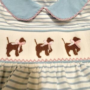 3t Stitchy Fish Smocked top. Blue and white with pink trim. Cute puppy smocking